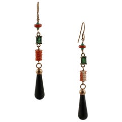 Emeralds, Red Stones, Onyx Drops Rose Gold and Silver Drop Earrings