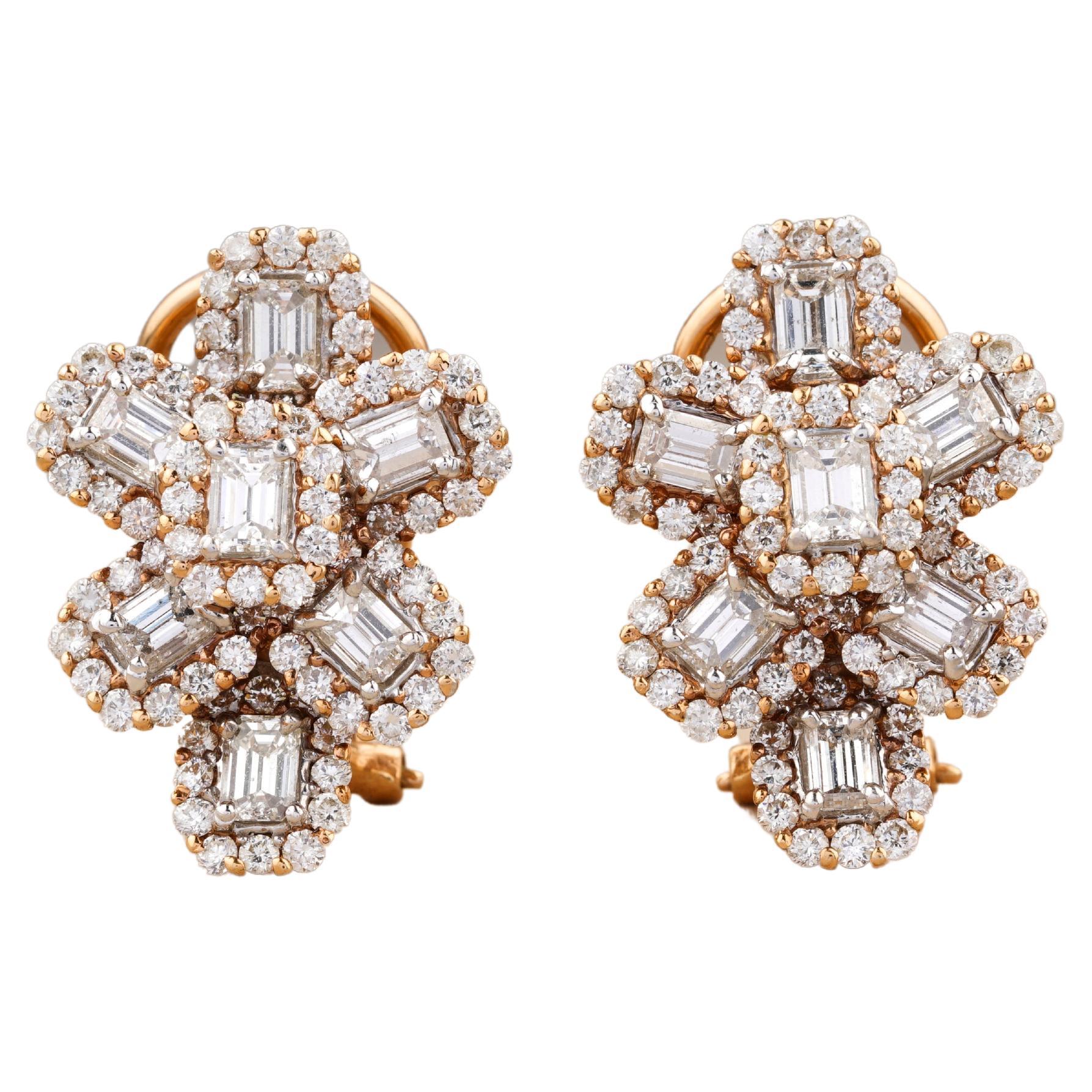 Emeralds & Round Cut Diamond Stud Earrings in 18k Solid Gold