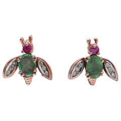 Emeralds, Rubies, Diamonds, Rose Gold and Silver Fly Earrings.