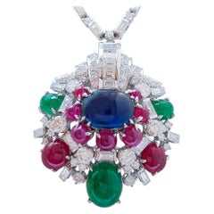 Emeralds, Rubies, Sapphire, Diamonds, 18 Karat White Gold Pendant Necklace.