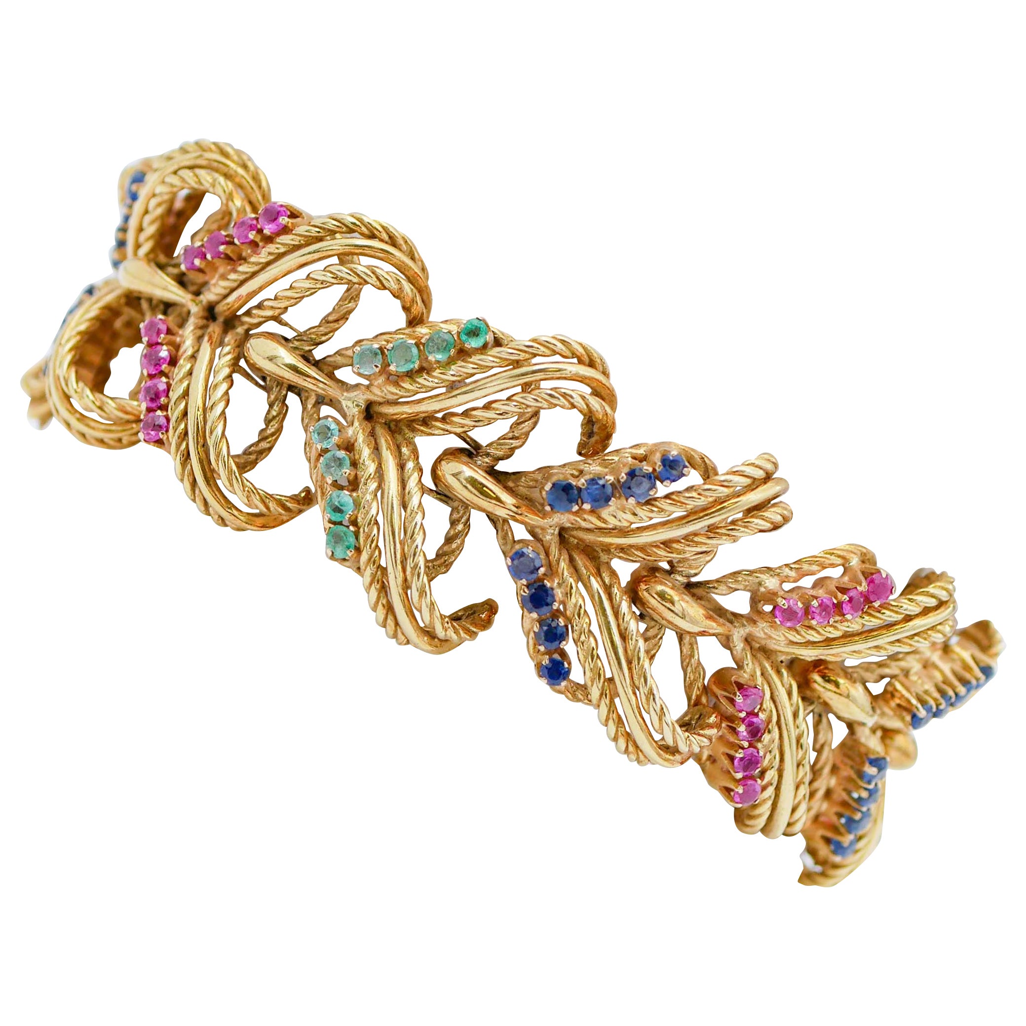 Esmeraldas, Rubíes, Zafiros, Oro Amarillo 18 Kilates Pulsera Retrò