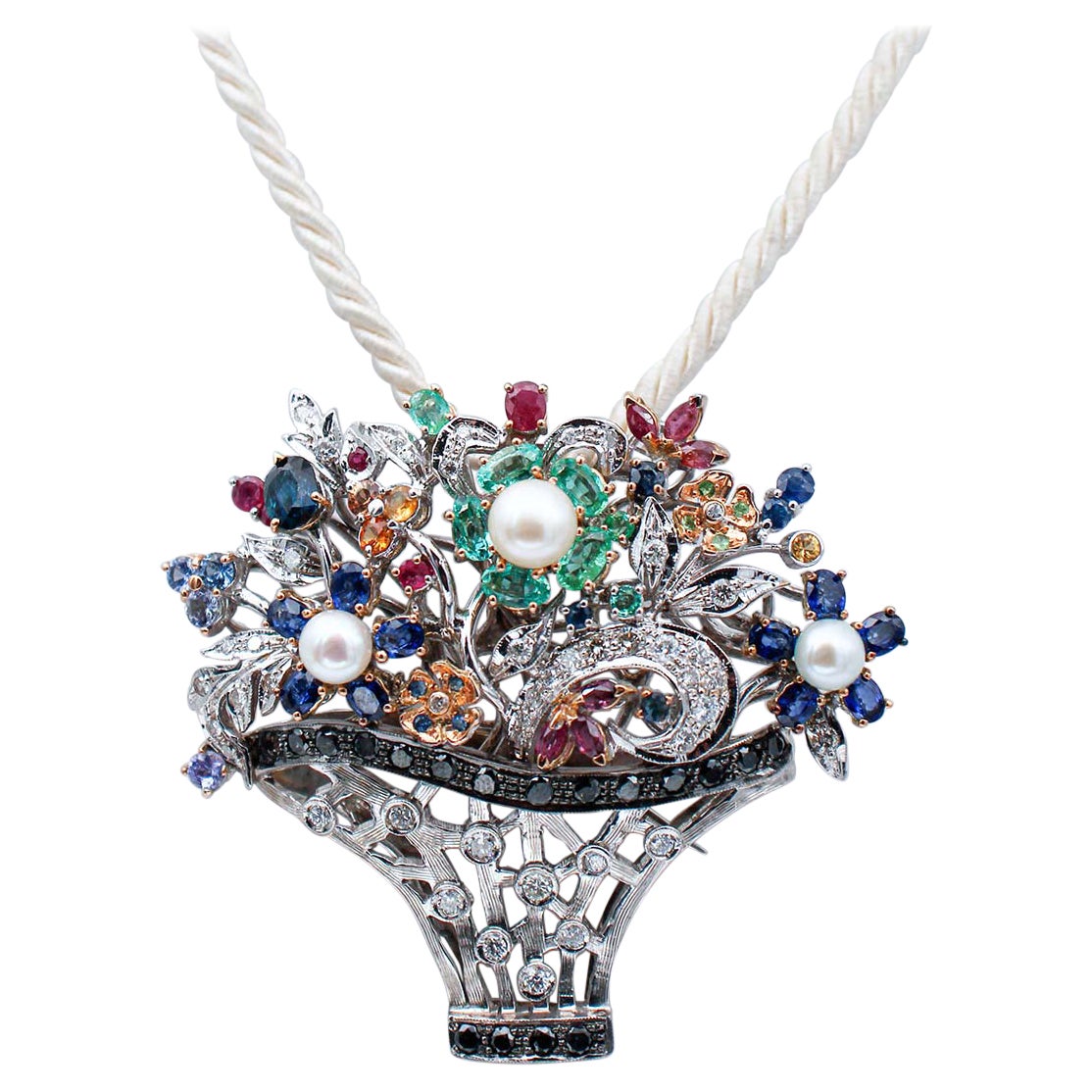 Emeralds Rubies Sapphires Black and White Diamonds Gold Brooch/Pendant Necklace