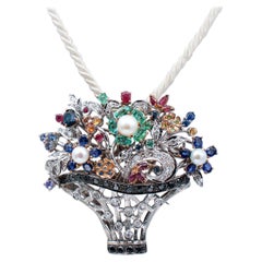 Emeralds Rubies Sapphires Black and White Diamonds Gold Brooch/Pendant Necklace