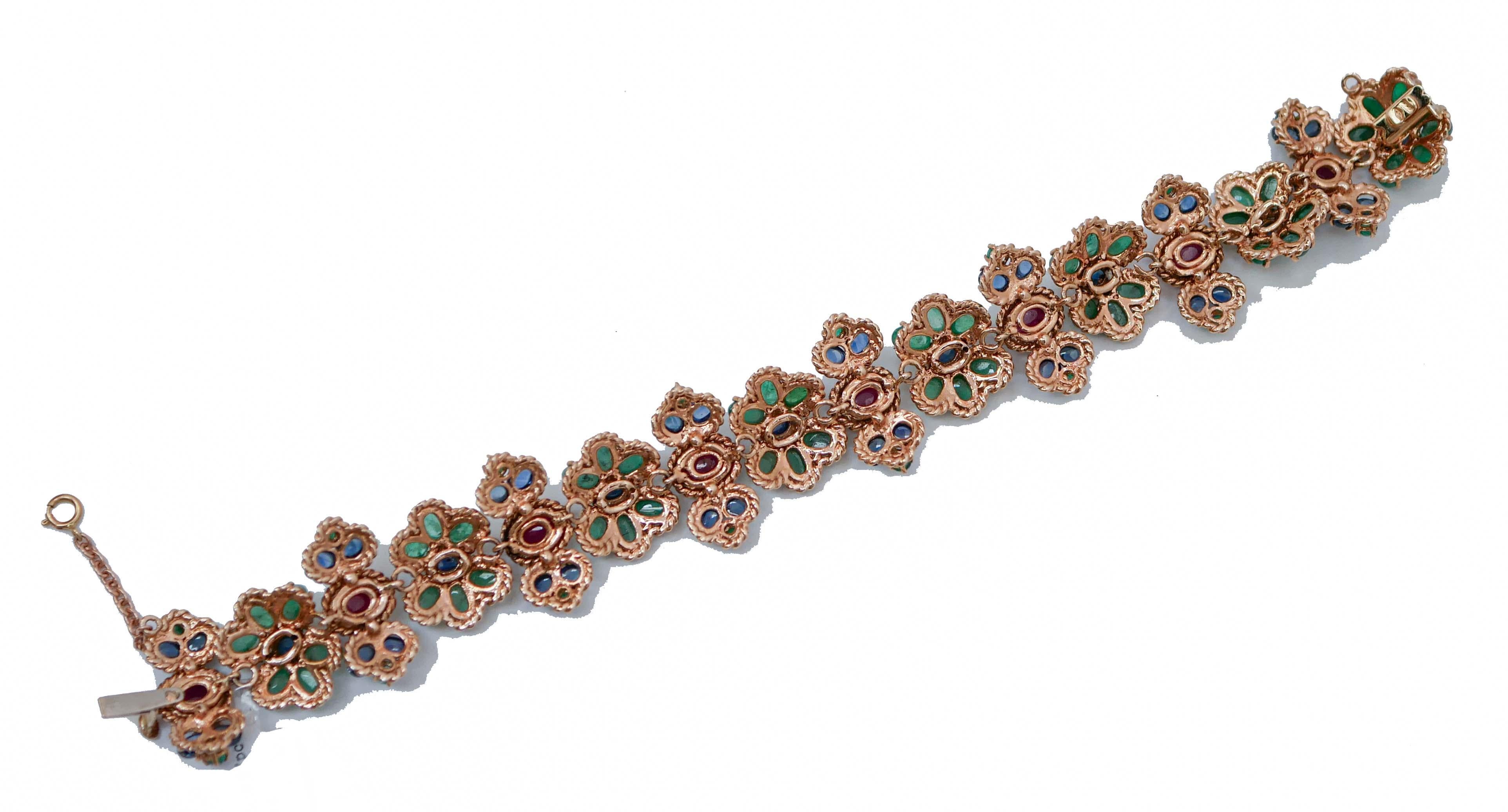 Retro Emeralds, Rubies, Sapphires, Diamonds, 14 Karat Rose Gold Link Bracelet. For Sale