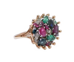 Emeralds, Rubies, Sapphires, Diamonds, 14 Karat Rose Gold Ring.