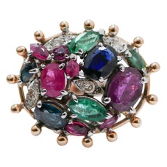 Emeralds, Rubies, Sapphires, Diamonds, 14 Karat Rose Gold Ring.