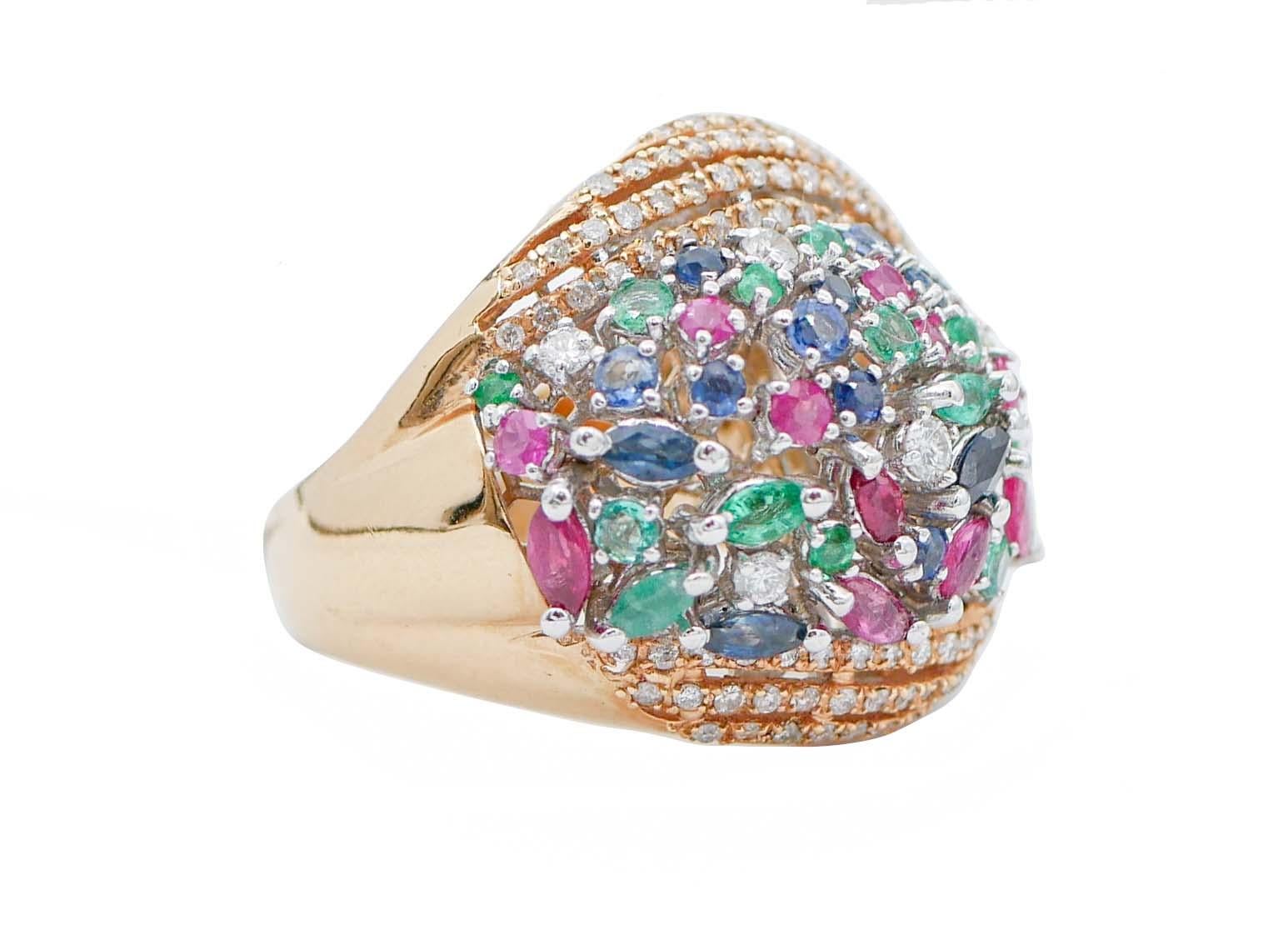 Retro Emeralds, Rubies, Sapphires, Diamonds, 18 Karat Rose and White Gold Ring For Sale