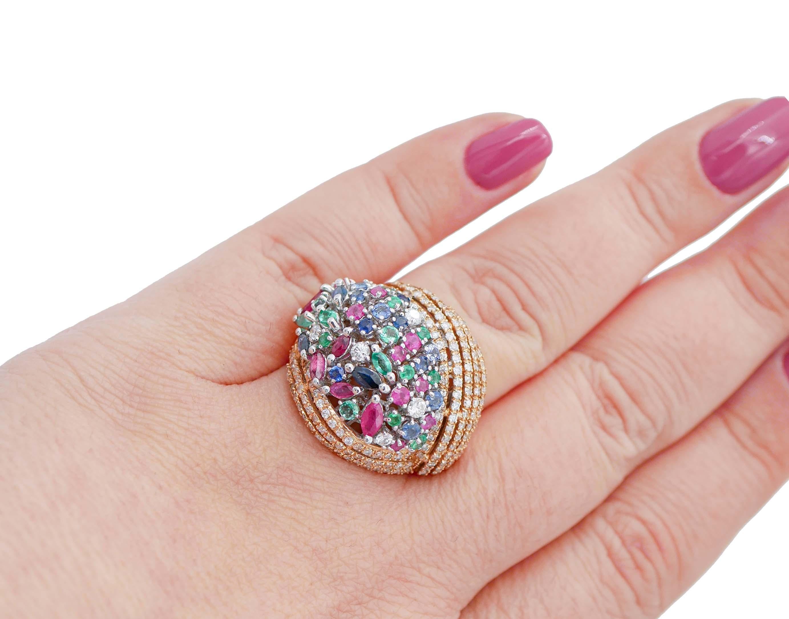 Women's Emeralds, Rubies, Sapphires, Diamonds, 18 Karat Rose and White Gold Ring For Sale