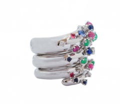 Emeralds, Rubies, Sapphires, Diamonds, 18 Karat White Gold Band Ring.