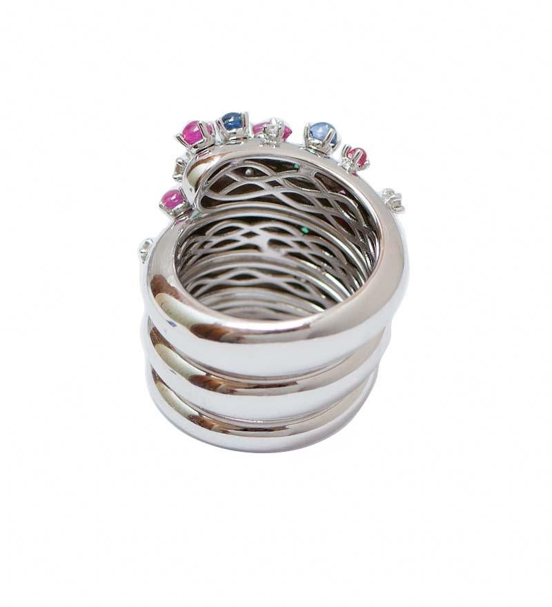 Modern Emeralds, Rubies, Sapphires, Diamonds, 18 Karat White Gold Band Ring. For Sale