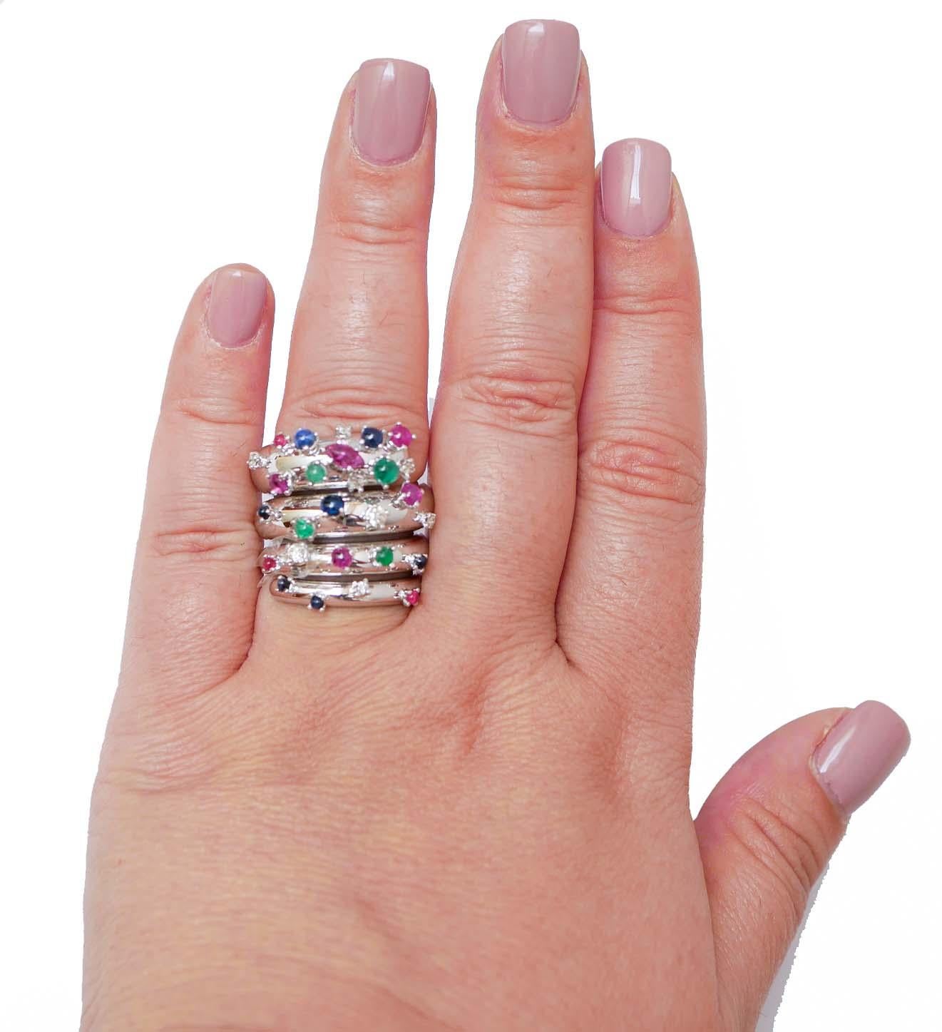 Mixed Cut Emeralds, Rubies, Sapphires, Diamonds, 18 Karat White Gold Band Ring. For Sale
