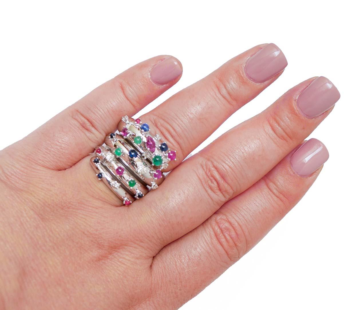 Emeralds, Rubies, Sapphires, Diamonds, 18 Karat White Gold Band Ring. In New Condition For Sale In Marcianise, Marcianise (CE)
