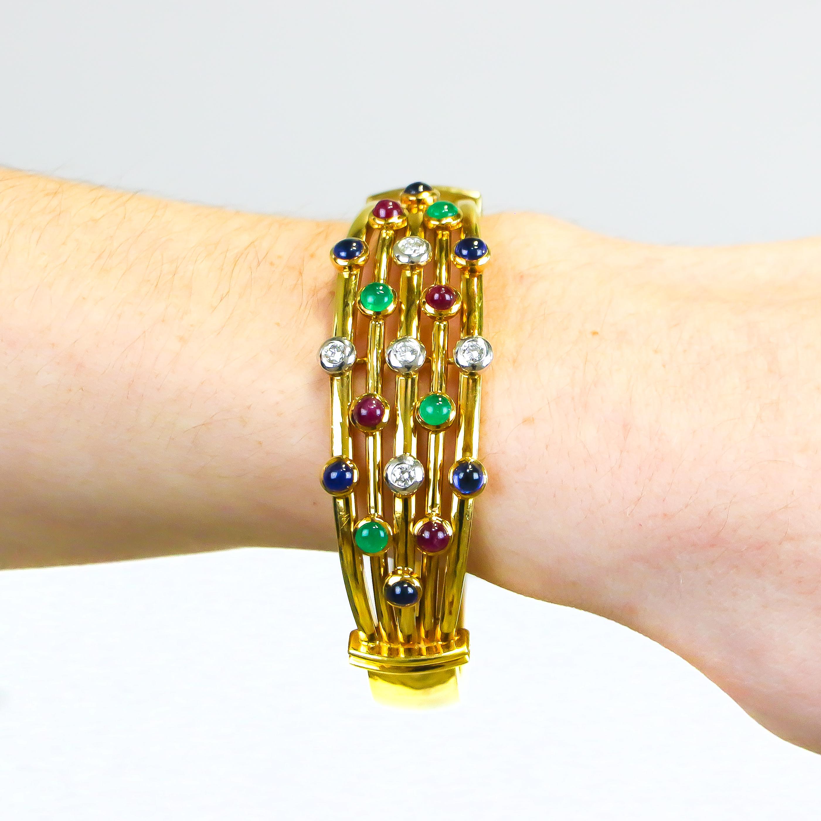 Cabochon Emeralds Rubies Sapphires Diamonds Bracelet 4 Carat 18 Karat Gold