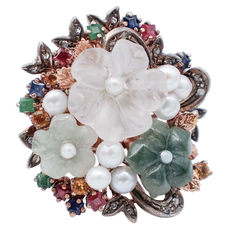 Emeralds, Rubies, Sapphires, Diamonds, Pearls, Stones, 9Kt Gold and Silver Retrò