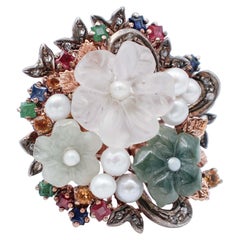 Emeralds, Rubies, Sapphires, Diamonds, Pearls, Stones, 9Kt Gold and Silver Retrò