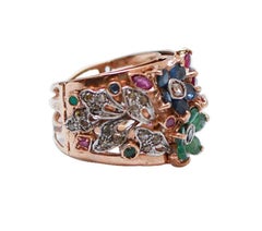 Emeralds, Rubies, Sapphires, Diamonds, Rose Gold and Silver Band Ring.