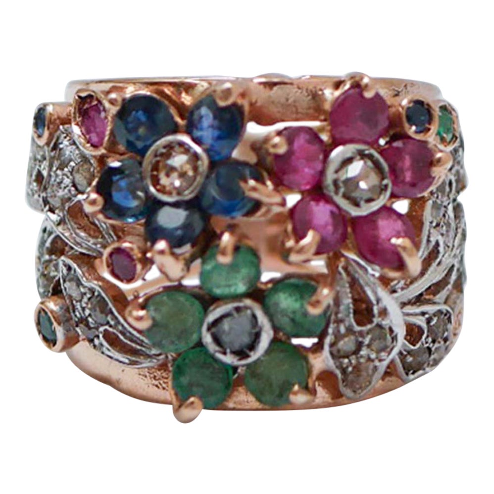Emeralds, Rubies, Sapphires, Diamonds, Rose Gold and Silver Band Ring. For Sale