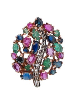 Emeralds, Rubies, Sapphires, Diamonds, Rose Gold and Silver Leaf Earrings.