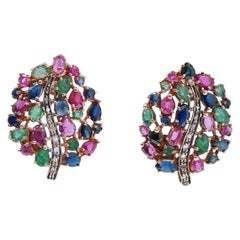 Emeralds, Rubies, Sapphires, Diamonds, Rose Gold and Silver Leaf Earrings.
