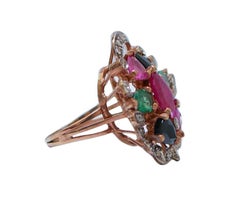 Emeralds, Rubies, Sapphires, Diamonds, Rose Gold and Silver Ring.