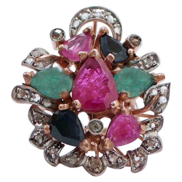 Emeralds, Rubies, Sapphires, Diamonds, Rose Gold and Silver Ring. For Sale
