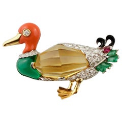 Emeralds, Ruby, Coral, Citrine, Stone 18 Karat White and Yellow Gold Duck Brooch