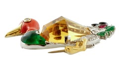 Emeralds, Ruby, Coral, Citrine, Stone 18 Karat White and Yellow Gold Duck Brooch