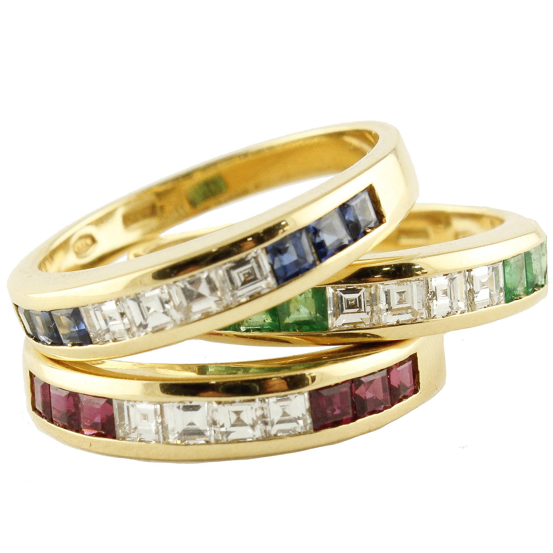 Emeralds Rubyes Sapphires Diamonds 18 Karat Yellow Gold Ring