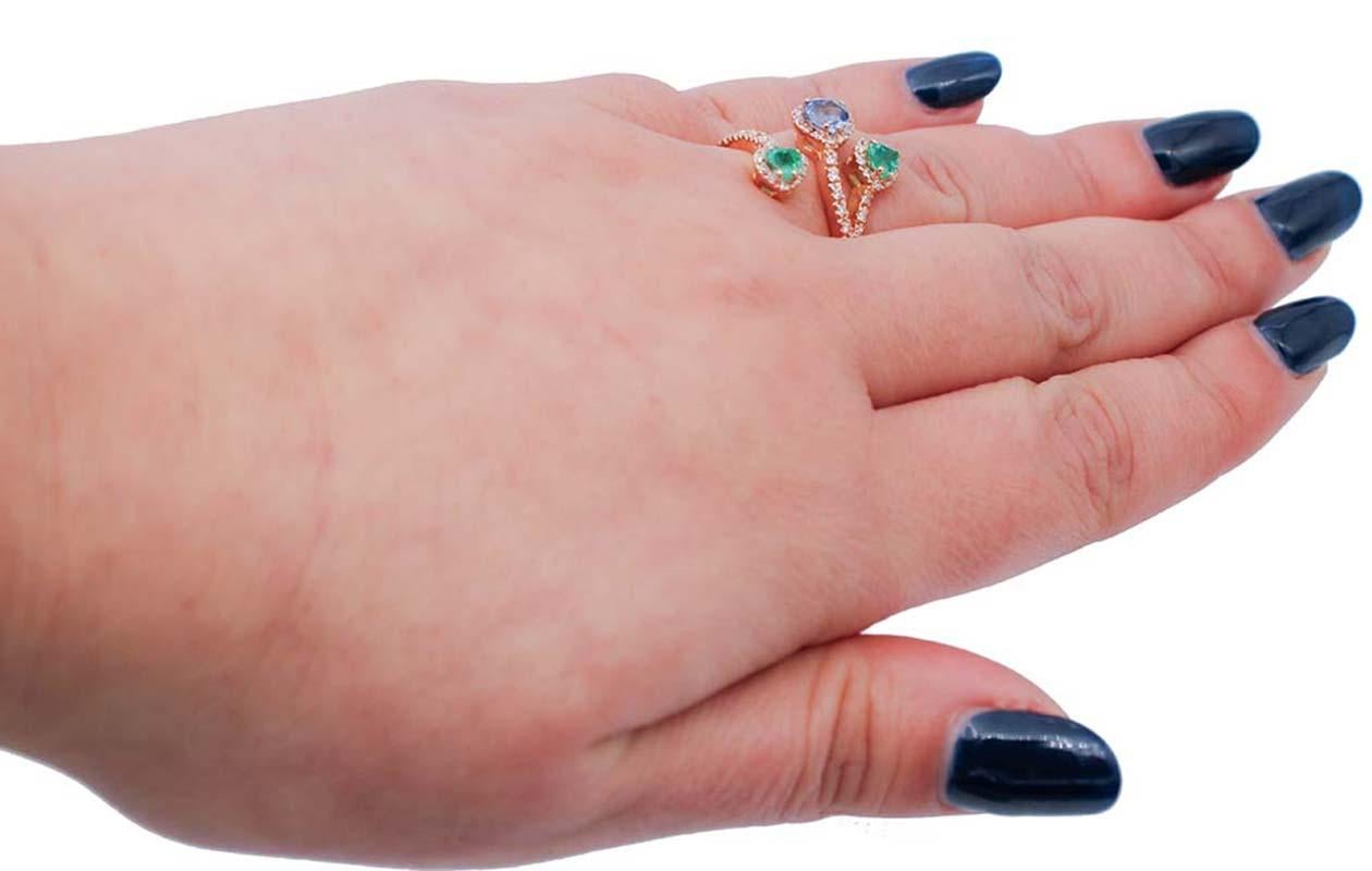 Women's Emeralds, Sapphire, Diamonds, 18 Karat Rose Gold Ring For Sale