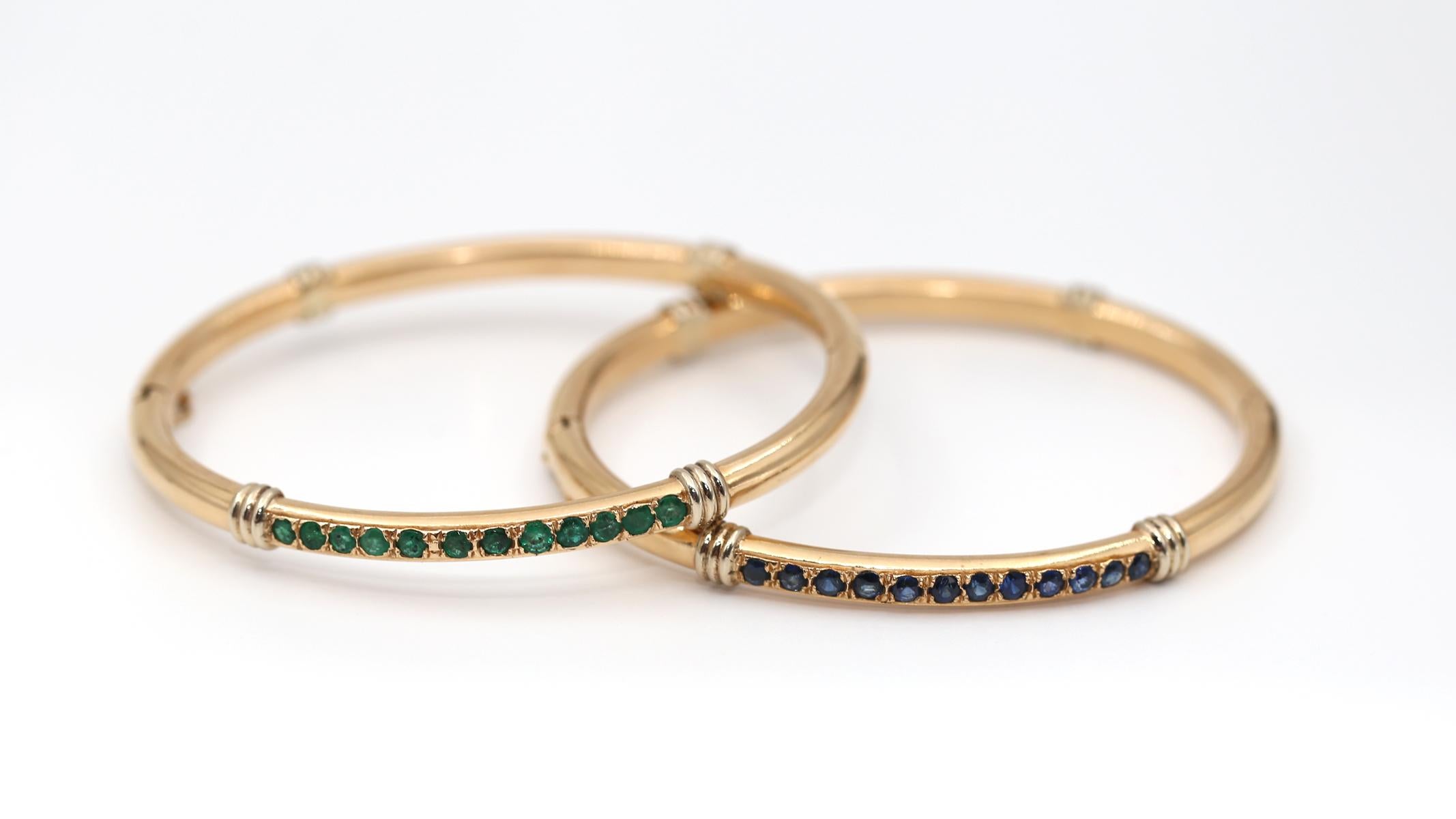 Emeralds Sapphires Bracelets Pair Yellow Gold, 1970 In Fair Condition For Sale In Herzelia, Tel Aviv