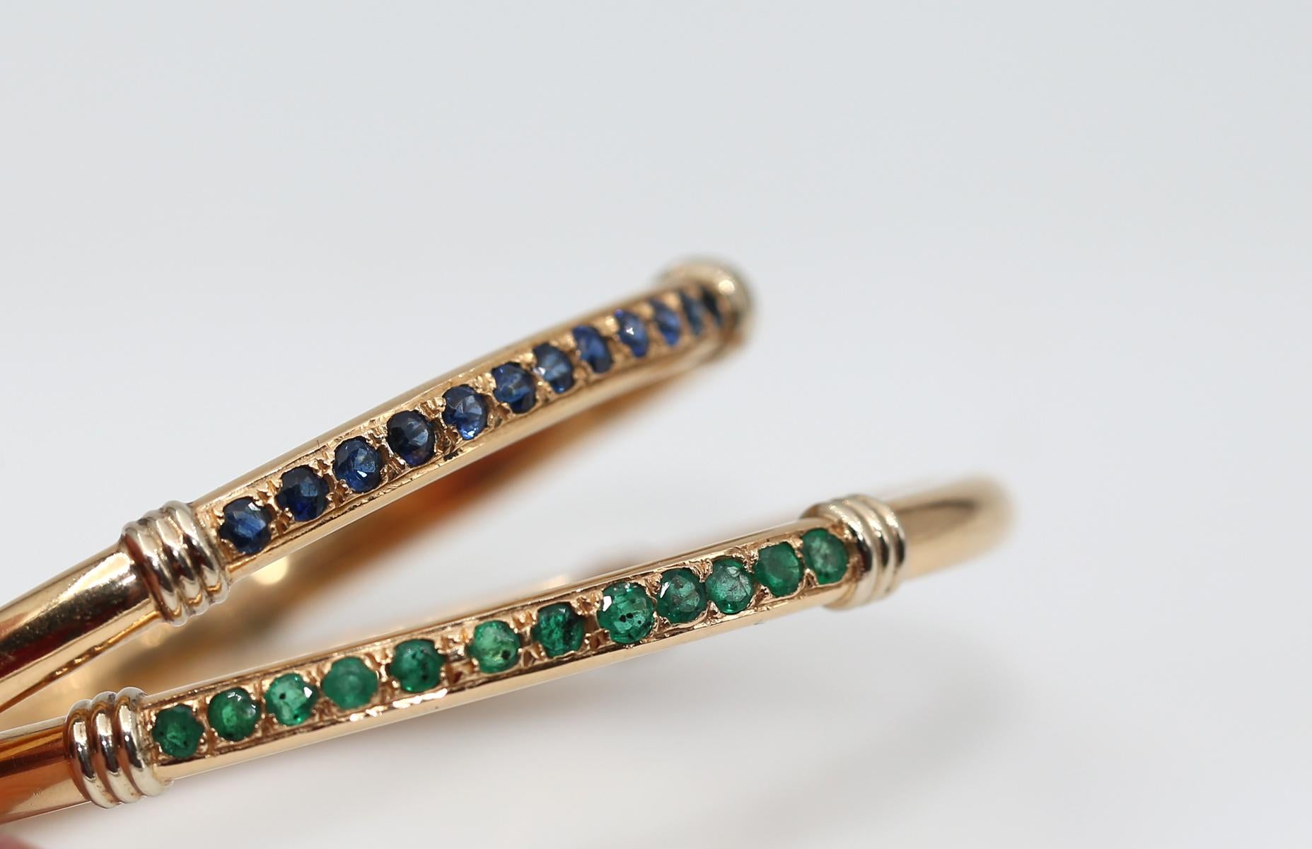 Women's or Men's Emeralds Sapphires Bracelets Pair Yellow Gold, 1970 For Sale
