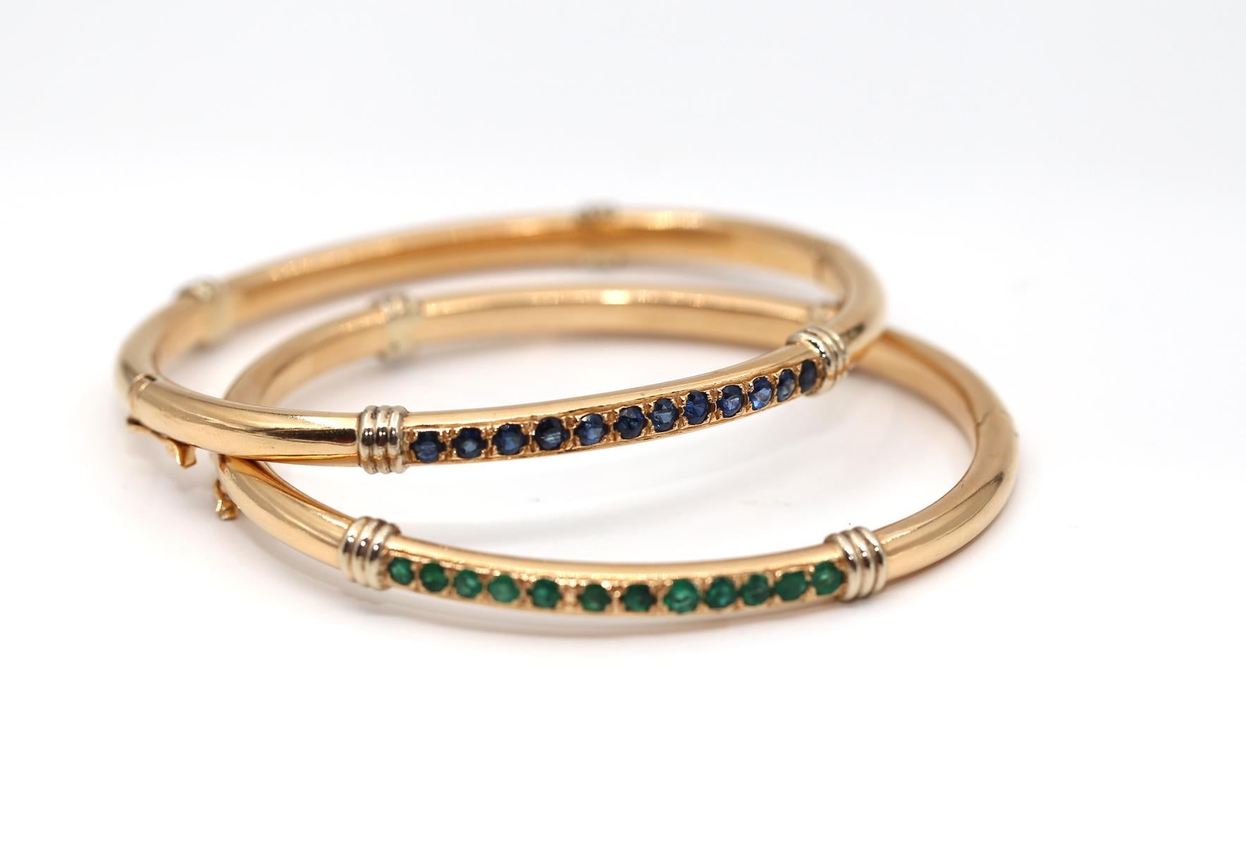 Emeralds Sapphires Bracelets Pair Yellow Gold, 1970 For Sale 1