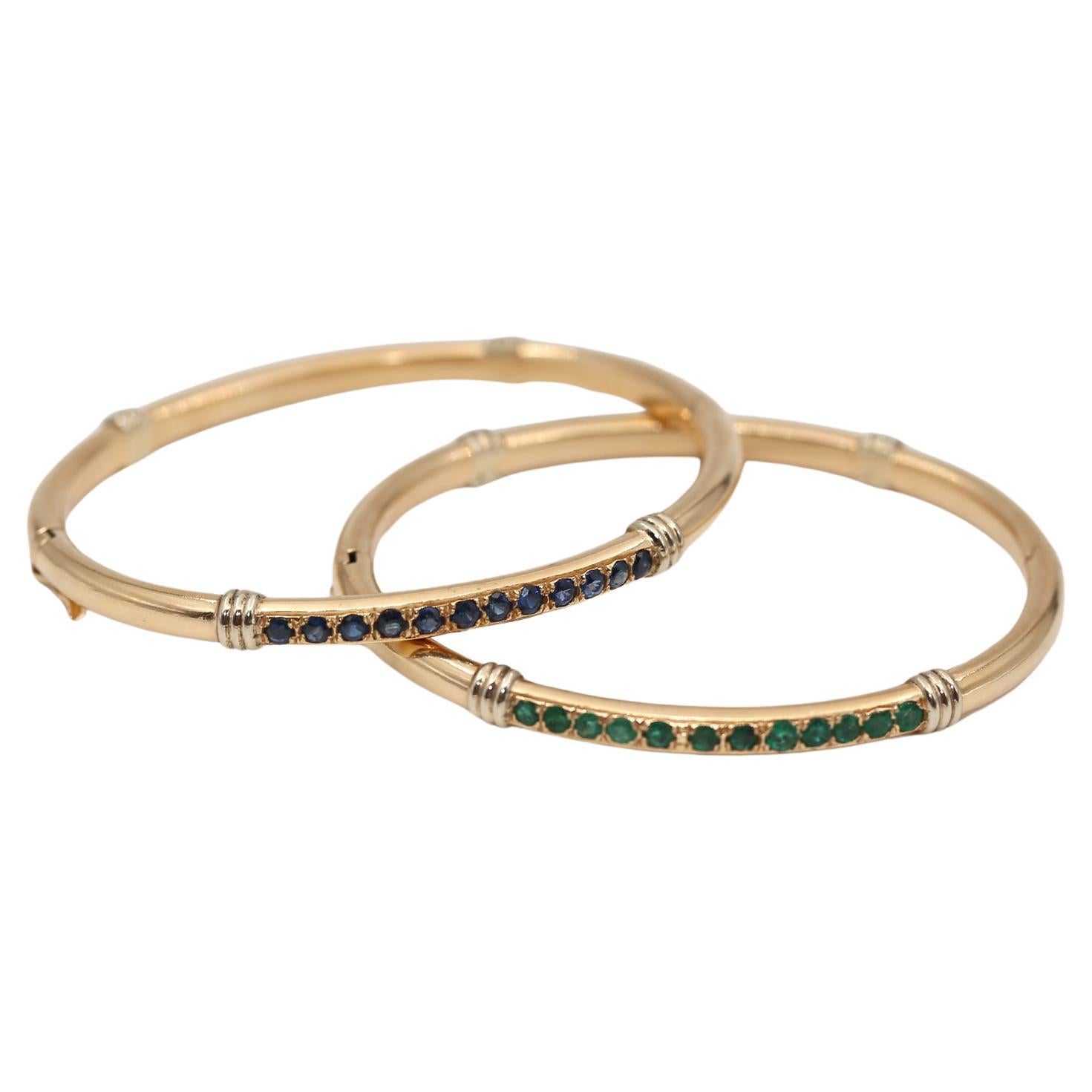 Emeralds Sapphires Bracelets Pair Yellow Gold, 1970 For Sale