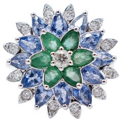 Emeralds, Sapphires, Diamonds, 14 Karat White Gold Flower Shape Ring