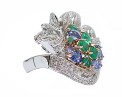 Emeralds, Sapphires, Diamonds, 14 Karat White Gold Ring.