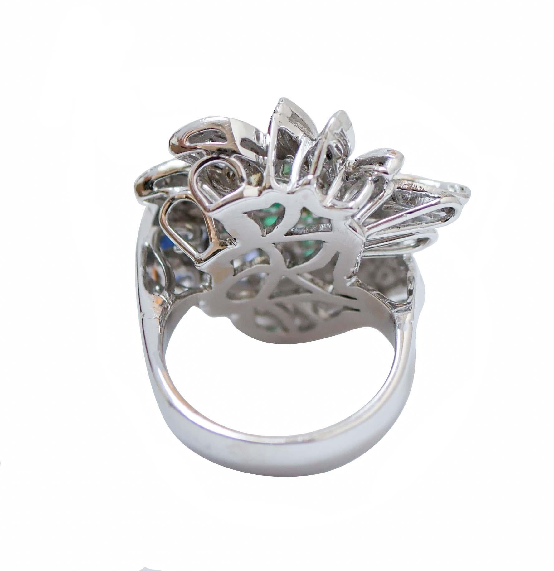 Retro Emeralds, Sapphires, Diamonds, 14 Karat White Gold Ring. For Sale