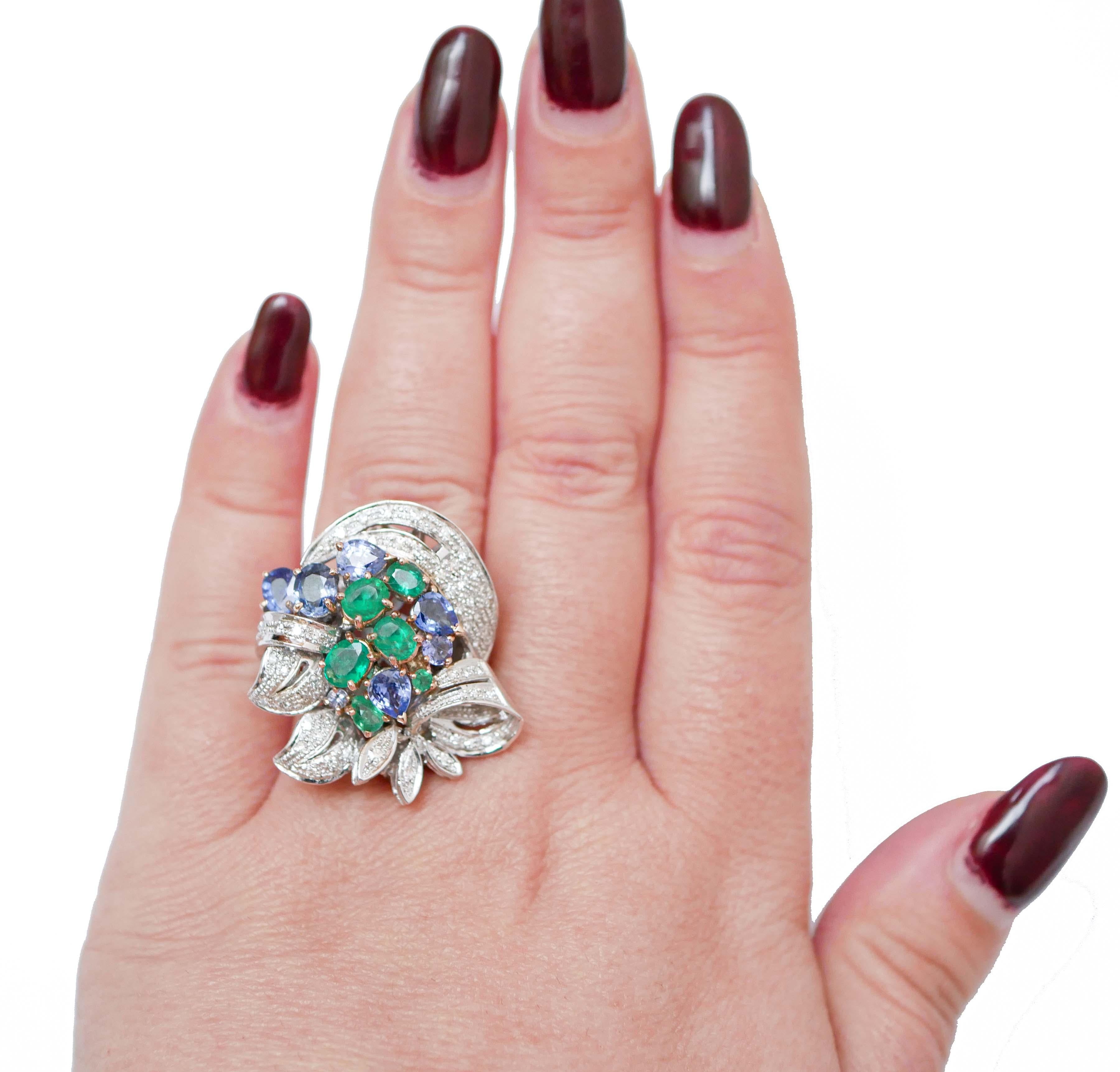 Mixed Cut Emeralds, Sapphires, Diamonds, 14 Karat White Gold Ring. For Sale