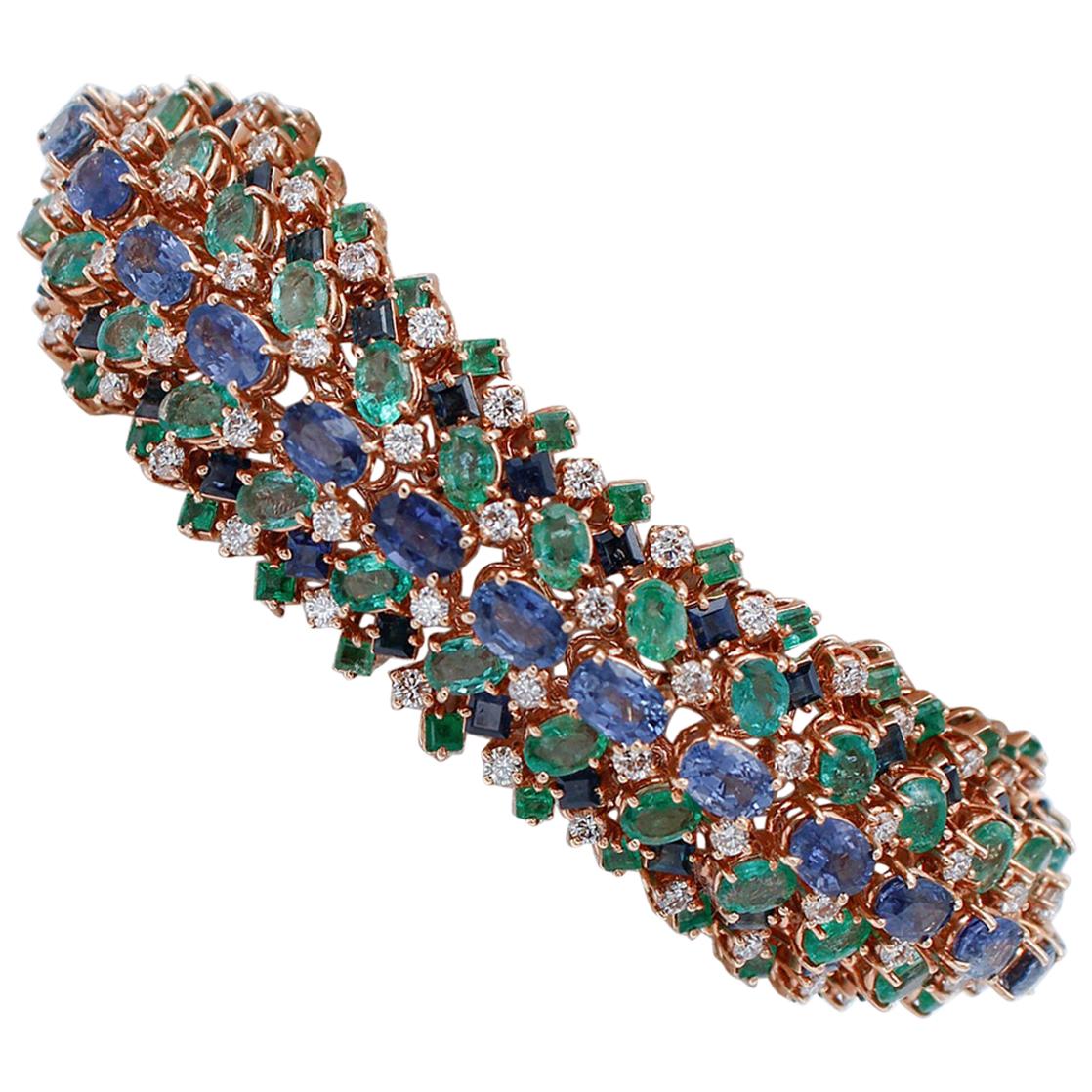 Emeralds, Sapphires, Diamonds, 14Karat Rose Gold Bracelet For Sale