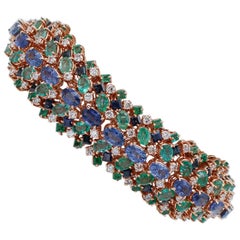 Retro Emeralds, Sapphires, Diamonds, 14Karat Rose Gold Bracelet