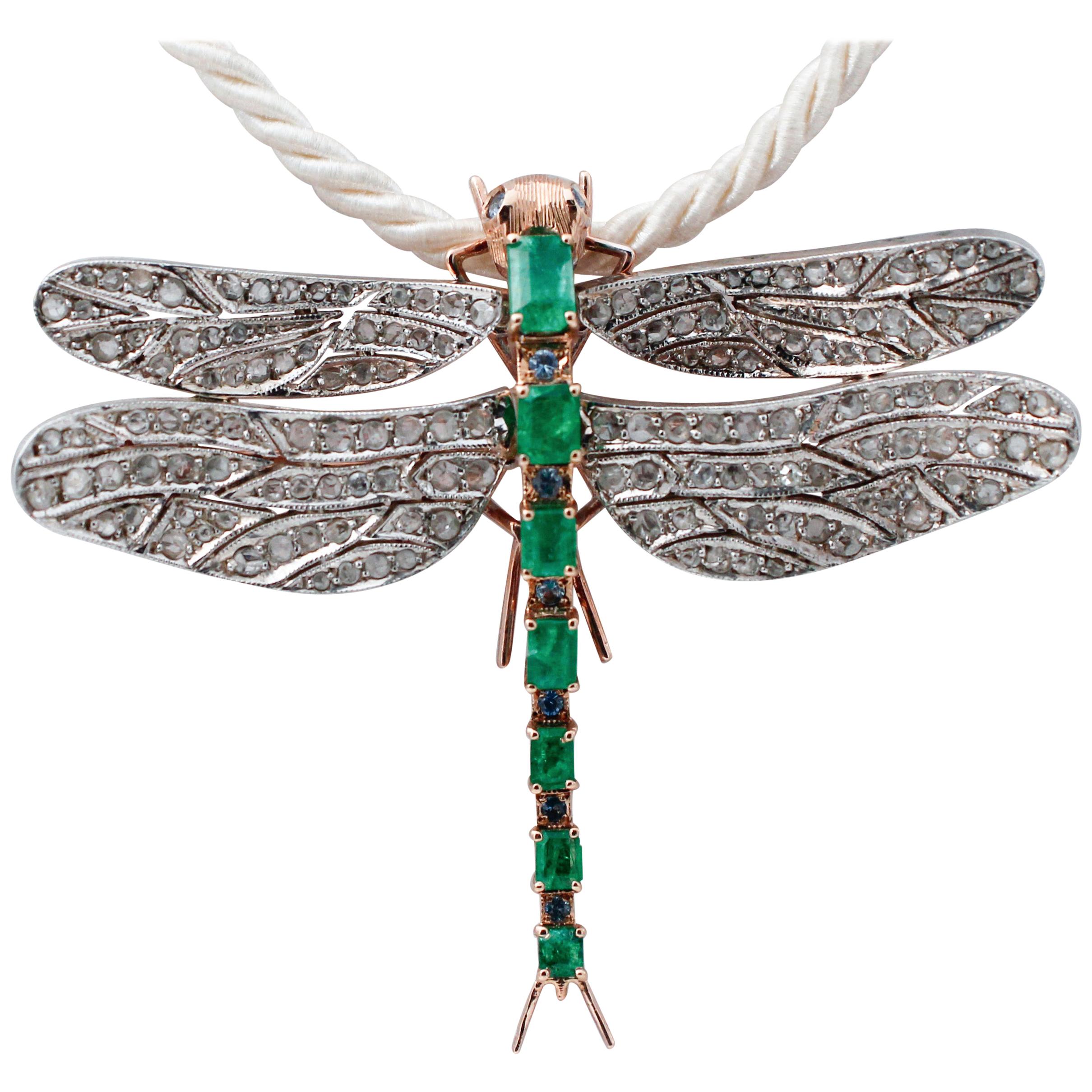 Emeralds, Sapphires, Diamonds 9Kt Gold and Silver Shape Dragonfly Pendant/Brooch