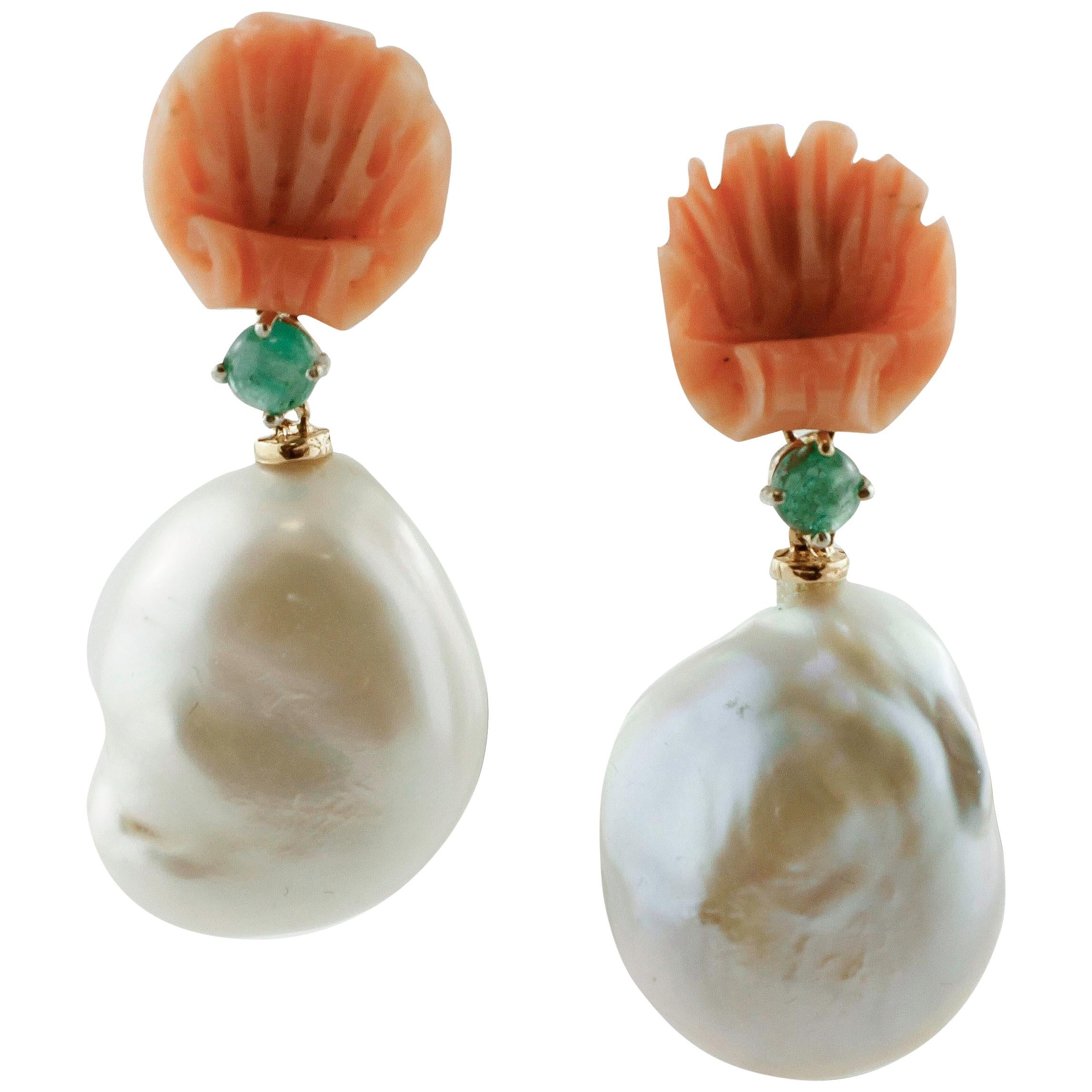 Emeralds, Shell Shape Carved Coral, Baroque Pearls, Rose Gold Drop Earrings