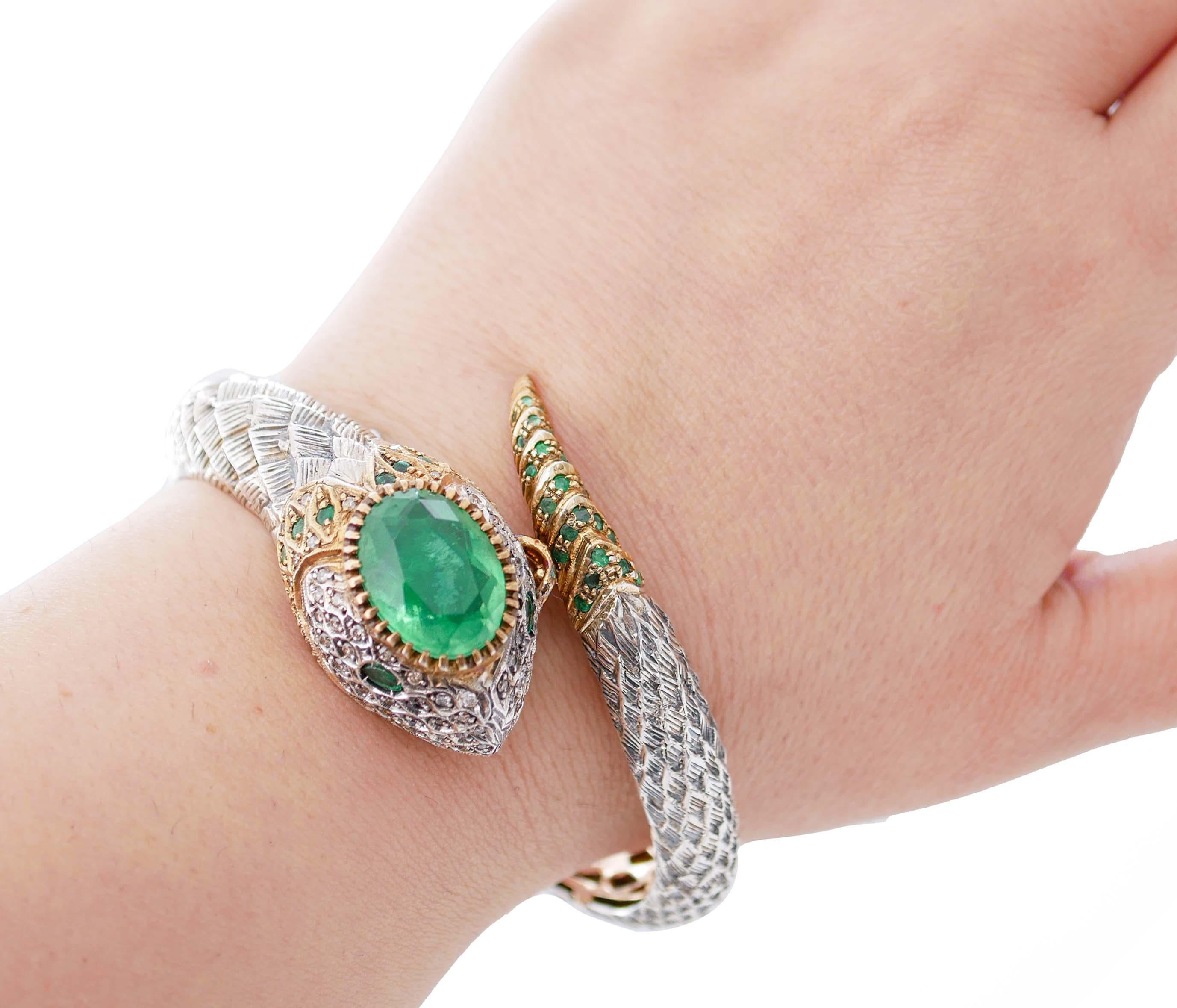 Women's Emeralds, Rock Crystal Hydrothermal Quartz, Diamonds, Gold and Silver Bracelet