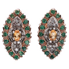 Emeralds, Topazs, Diamonds, 14 Karat Rose Gold and Silver Stud Earrings
