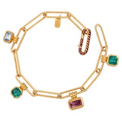 Emeralds, Tourmaline, Aquamarine Charm Bracelet with Enamel Handmade in 22K Gold