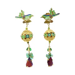 Emeralds Tourmalines Enamel Gold Plated Earrings