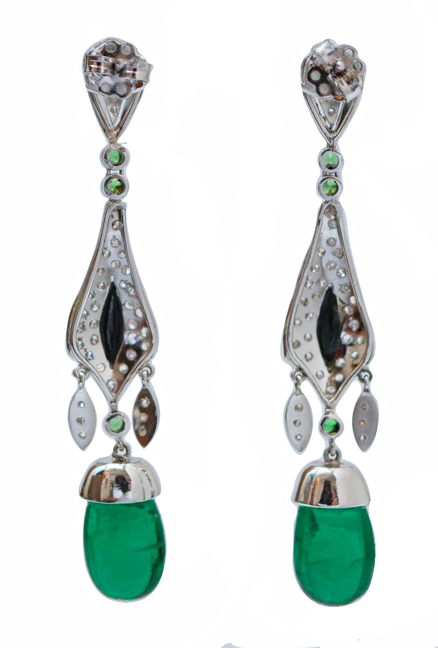 Retro Emeralds, Tsavorite, Diamonds, Onyx, Platinum Dangle Earrings. For Sale