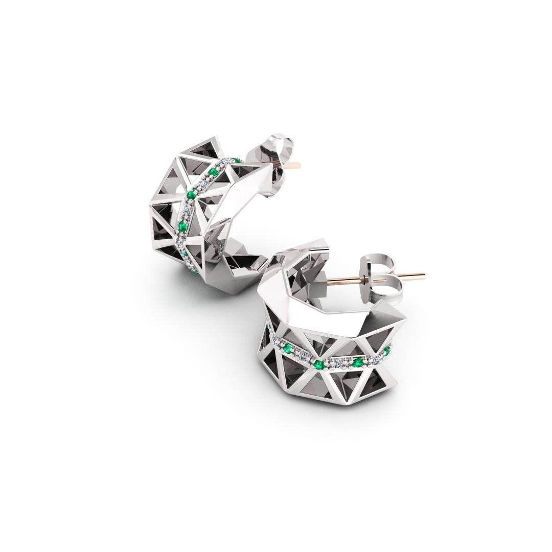 White 18K Gold Earrings
*Same Model with another stones and gold available 

Diamond 0,16 ct
Emeralds 0,16 ct
Weight 14 grams
 
This collection was created inspired by the wonderful and controversial
Castel Del Monte (Castle of the Mountain) erected