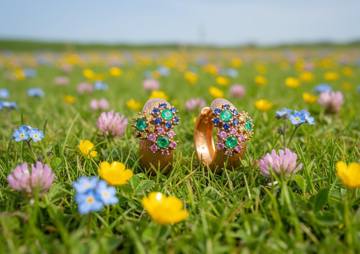 Taglio rotondo Orecchini a cerchio in oro rosa con smeraldi e zaffiri blu, rosa e gialli di I.L.A. in vendita