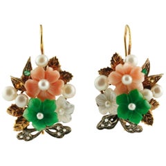 Emeralds Yellow Sapphires Green Agate Mother-of-Pearl Pearl Coral Earrings