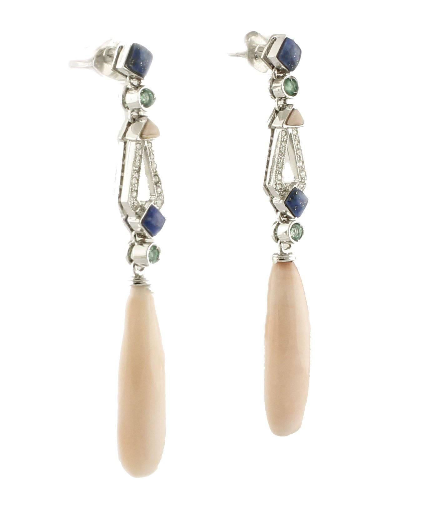 Contemporary Emeralds, Diamonds, Lapis, Pink Coral Drops, 14K White Gold Drop Earrings